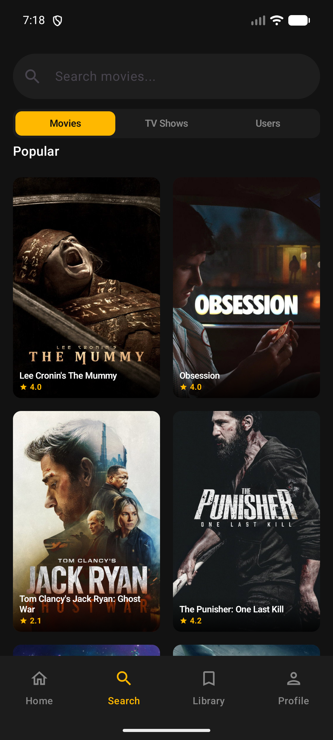 Search screen for discovering movies and TV shows